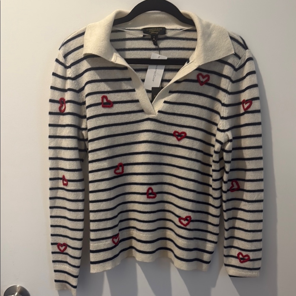 Charter’s Club 
Women's Cashmere Striped Heart-Embroidered Polo Sweater